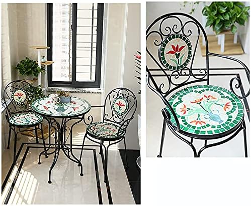 European Style Iron Art 3 Piece Bistro Set with Retro Stained Glass Mosaic Flower Pattern - Outdoor/Indoor Furniture Sets Armrest and Backrest Patio Table Chairs for Yard, Garden, Antique Green