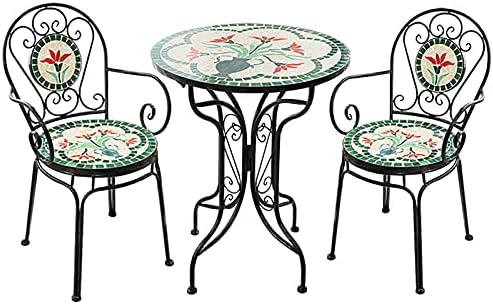 European Style Iron Art 3 Piece Bistro Set with Retro Stained Glass Mosaic Flower Pattern - Outdoor/Indoor Furniture Sets Armrest and Backrest Patio Table Chairs for Yard, Garden, Antique Green