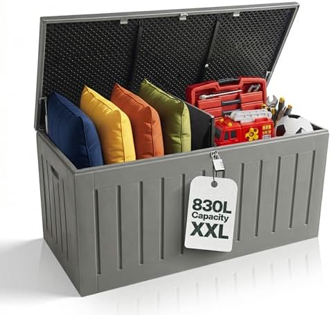 Olsen & Smith 830L Garden Cushion Storage Box & Bench – Waterproof Outdoor Storage for Patio Furniture Cushions, Seat Pads & Garden Throws – Wood Effect Grey, 160 x 78 x 76cm