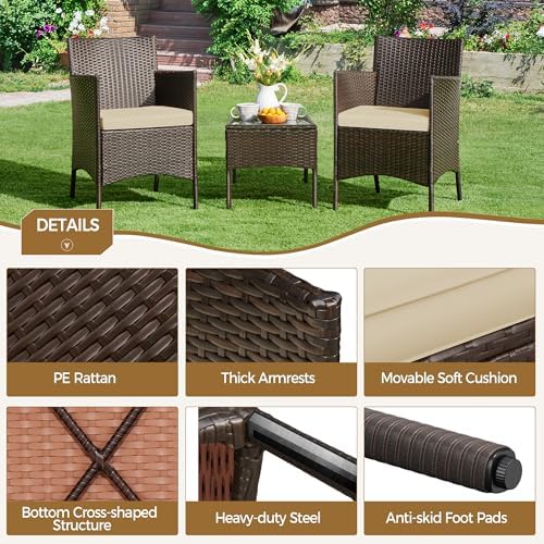 Yaheetech 3-Piece Rattan Garden Set, Outdoor Patio Conversation Furniture, Woven Chairs & 1 Side Table with Cushions for Bistro/Porch/Garden/Deck/Courtyard, Brown/Khaki