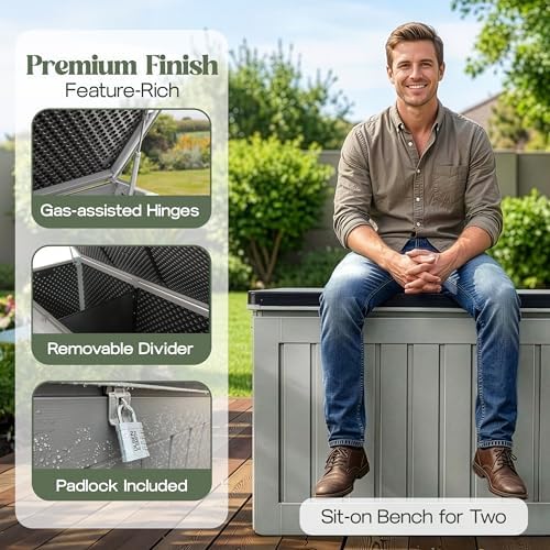 Olsen & Smith 830L Extra-Large Garden Storage Box & Bench Seat – Lockable, Waterproof Outdoor Storage Box with Lid for Cushions, Tools & Toys – Wood Effect Grey, 160 x 78 x 76cm