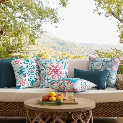 Phantoscope Set of 4 Outdoor Waterproof Throw Pillow Covers, Geometric, Decorative Boho Farmhouse Outdoor Pillows Cushion Case for Home Patio Furniture Tent Sunbrella, Teal/Pink 18x18 Inches