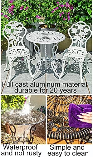 3-Piece Outdoor Bistro Set with Rose Carving Design - Rust-Resistant Cast Aluminum Patio Table and Chairs Furniture Sets with Umbrella Hole - Antique Finish