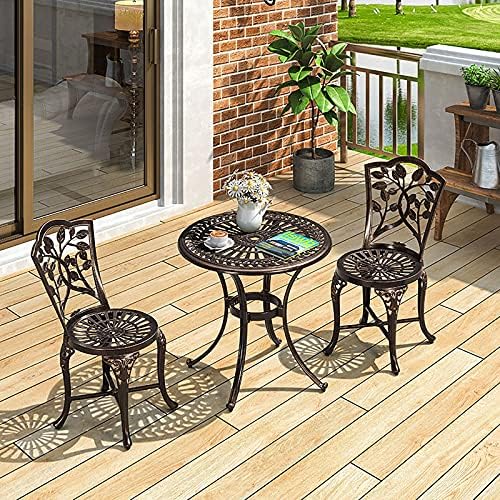3 Piece Patio Bistro Table Set w/Leaf Design - Antique Finish Outdoor Cast Aluminum Furniture Set w/Umbrella Hole - Rust-Resistant Table and Chairs for Balcony Backyard Garden
