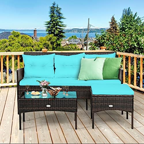 3 PCS Patio Rattan Furniture Set 3-Seat Sofa Cushioned Table Turqouise Suitable for Poolside, Backyard and Garden, Etc