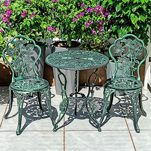 3-Piece Outdoor Bistro Set with Rose Carving Design - Rust-Resistant Cast Aluminum Patio Table and Chairs Furniture Sets with Umbrella Hole - Antique Finish