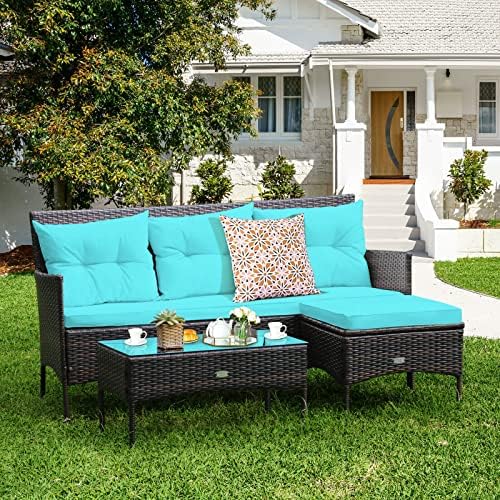 3 PCS Patio Rattan Furniture Set 3-Seat Sofa Cushioned Table Turqouise Suitable for Poolside, Backyard and Garden, Etc