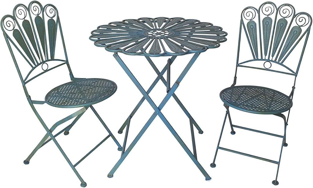 Indoor/Outdoor 3-Piece Peacock Feather Rustic Bistro Set - Metal Folding Round Table and Chair - All Weather Resistant Patio Furniture Set - Light Blue