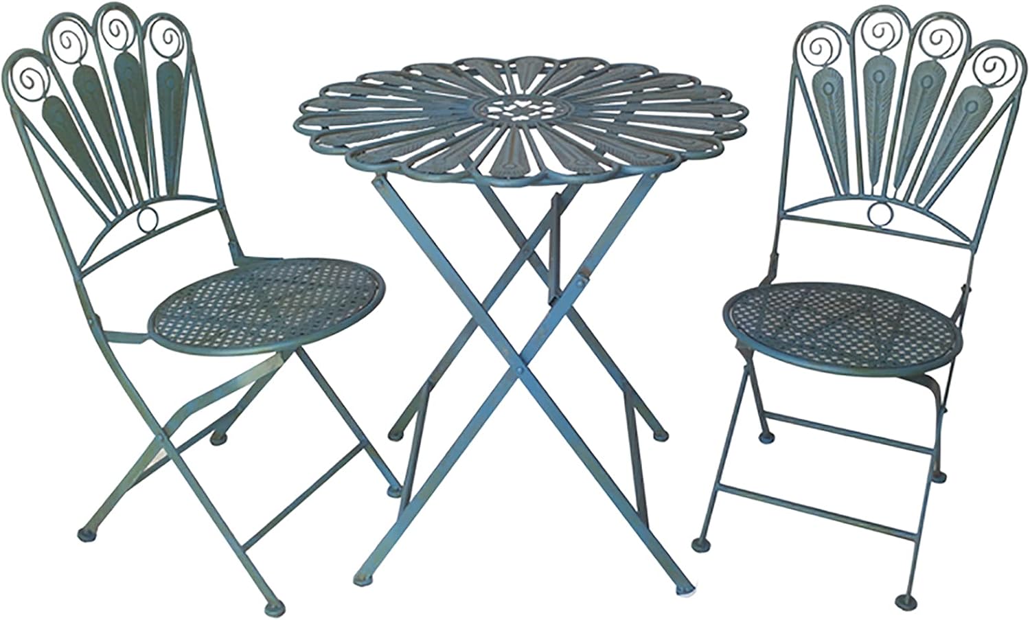 Indoor/Outdoor 3-Piece Peacock Feather Rustic Bistro Set - Metal Folding Round Table and Chair - All Weather Resistant Patio Furniture Set - Light Blue