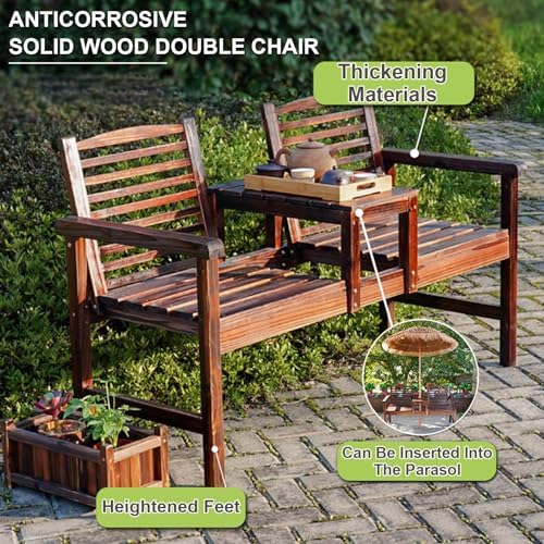 Stylish Outdoor Garden Bench with Backrest & Umbrella Hole, Wood Patio Seating Set, 2-Tier Side Table, Ideal for Porch & Balcony - Elegant White Design