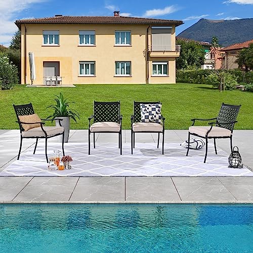 LOKATSE HOME 4 Piece Outdoor Patio Metal Wrought Iron Dining Chair Set with Arms and Seat Cushions - White