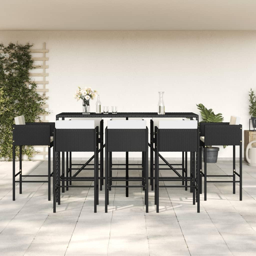 Outdoor Dining Set Bistro Furniture,for Balcony Terrace Poolside,9 Piece Garden Bar Set with Cushions Black Poly Rattan