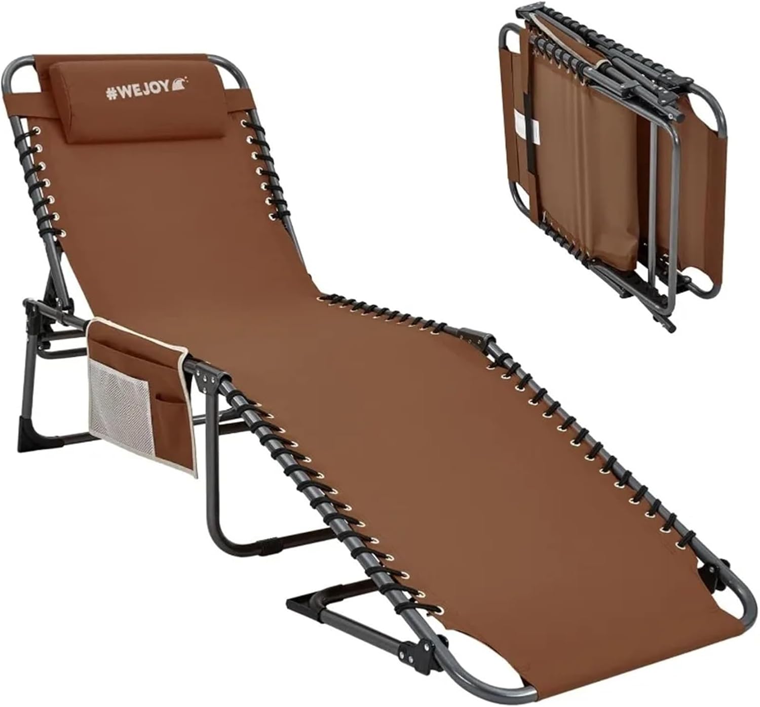 Lounge Folding Sun Lounger Folding Patio Chaise Lounge Chair with Canopy Sun Shade for Outdoor 5-Position Beach Lounger Chair with Pillow and Side Pocket(Khaki)