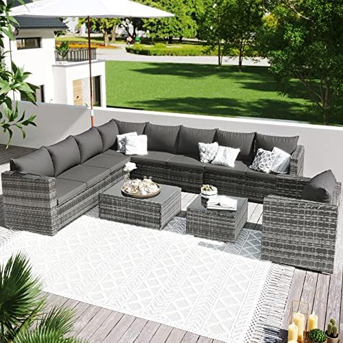 Topchances 9-seater Large Rattan Garden Corner Sofa Set, Outdoor Garden Furniture Set Patio Sofa Set with Coffee Table, Seat Cushions and Back Cushions