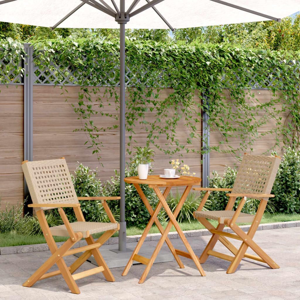 3 Piece Bistro Set Beige Poly Rattan and Solid Wood-Small Table and Chair Set,Table&High Back Chairs,Indoor Outdoor Furniture Set for Garden Deck Balcony Patio Decor