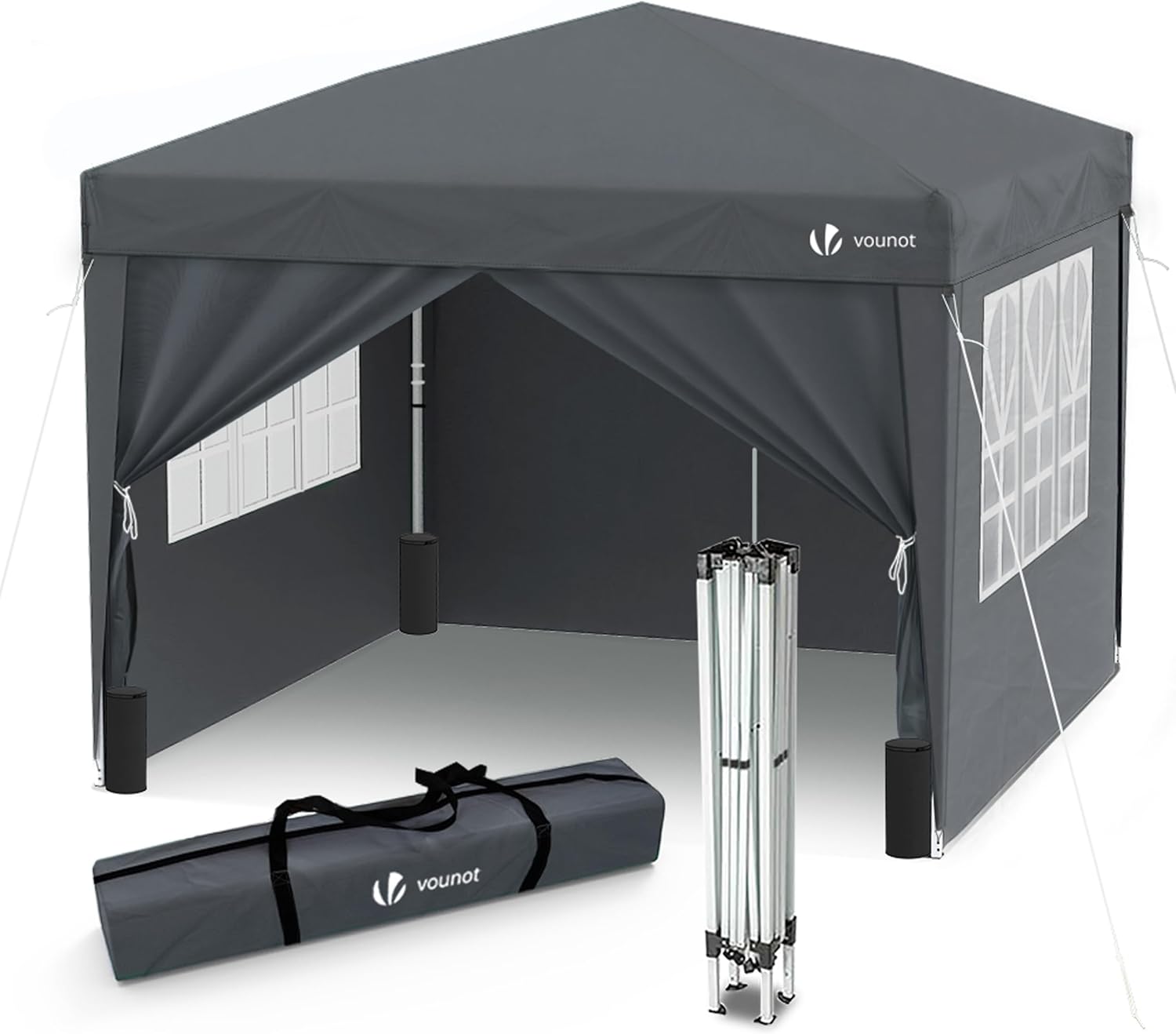 VOUNOT 3 x 3 m Folding Gazebo with 4 Side Parts, Garden Gazebo Pop Up Pavilion Tent with 4 Weight Sand Bags and Transport Bag, Grey