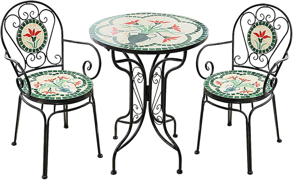 European Style Iron Art 3 Piece Bistro Set with Retro Stained Glass Mosaic Flower Pattern - Outdoor/Indoor Furniture Sets Armrest and Backrest Patio Table Chairs for Yard, Garden, Antique Green
