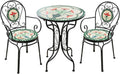 European Style Iron Art 3 Piece Bistro Set with Retro Stained Glass Mosaic Flower Pattern - Outdoor/Indoor Furniture Sets Armrest and Backrest Patio Table Chairs for Yard, Garden, Antique Green