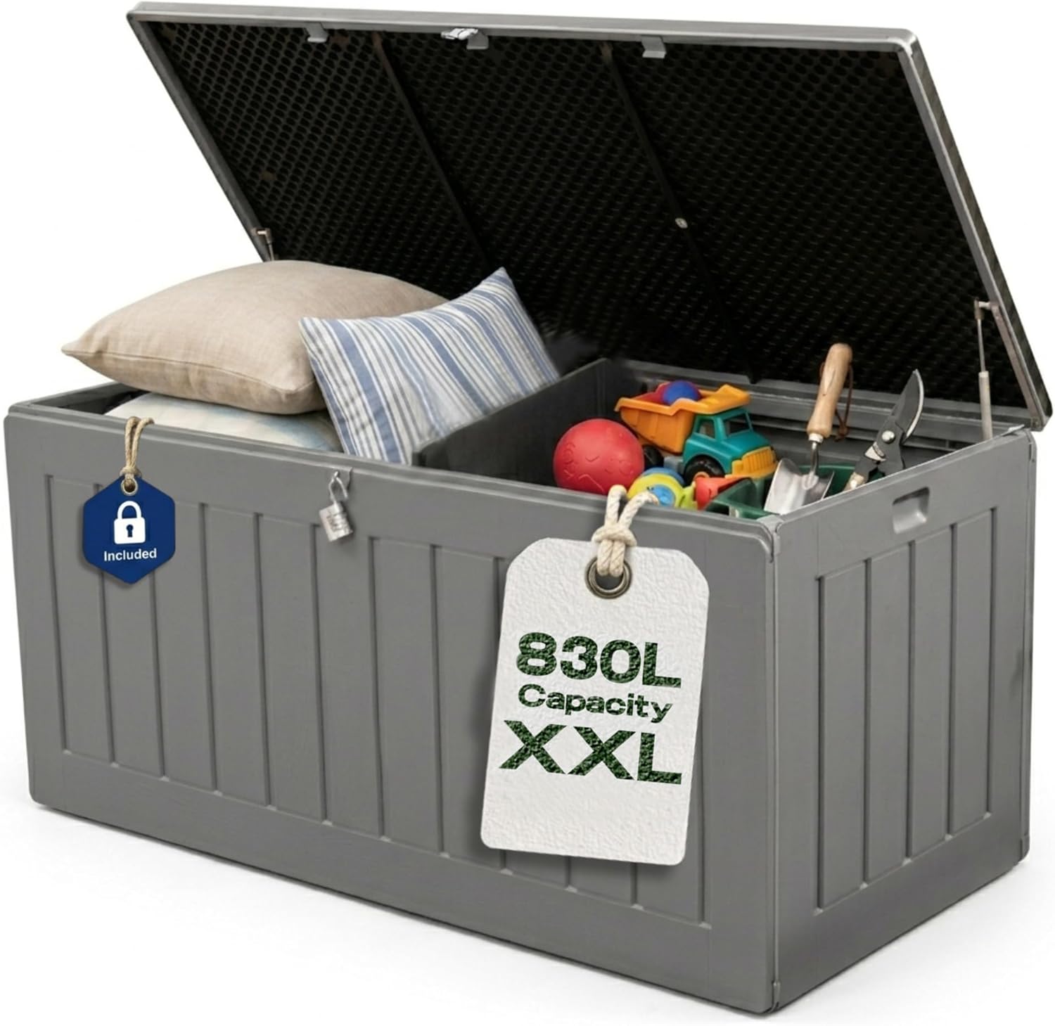 Olsen & Smith 830L Extra-Large Garden Storage Box & Bench Seat – Lockable, Waterproof Outdoor Storage Box with Lid for Cushions, Tools & Toys – Wood Effect Grey, 160 x 78 x 76cm