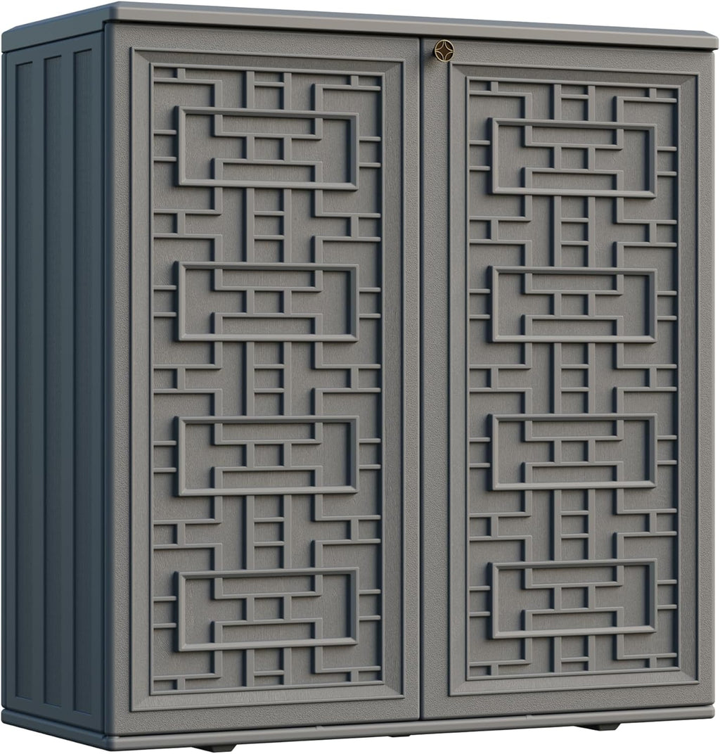 Mrosaa Indoor Outdoor Storage Cabinet Waterproof with Shelf,Plastic Storage Sheds Outdoor Cabinets for Patio/Garden/Backyard, Size 34.3''L*15''W*36.2''H（Gray）
