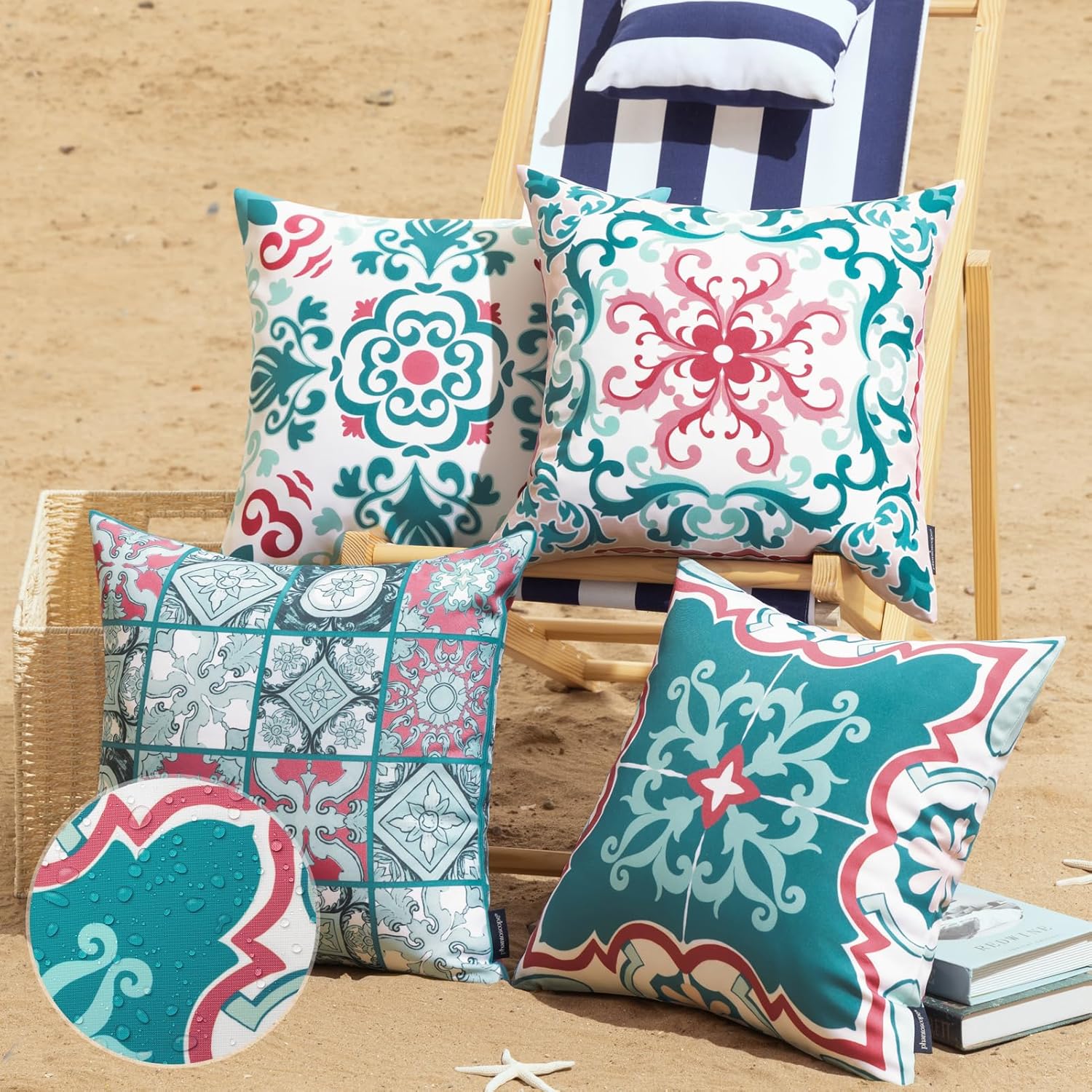Phantoscope Set of 4 Outdoor Waterproof Throw Pillow Covers, Geometric, Decorative Boho Farmhouse Outdoor Pillows Cushion Case for Home Patio Furniture Tent Sunbrella, Teal/Pink 18x18 Inches