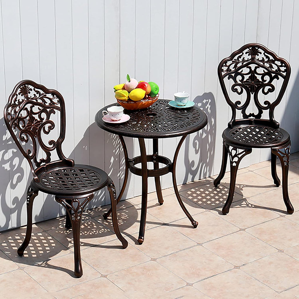 Patio Bistro Set w/Umbrella Hole - Outdoor Cast Aluminum Furniture Set 3 Piece Table and Chairs - Orchid Carving and Weather Resistant-Antique Bronze
