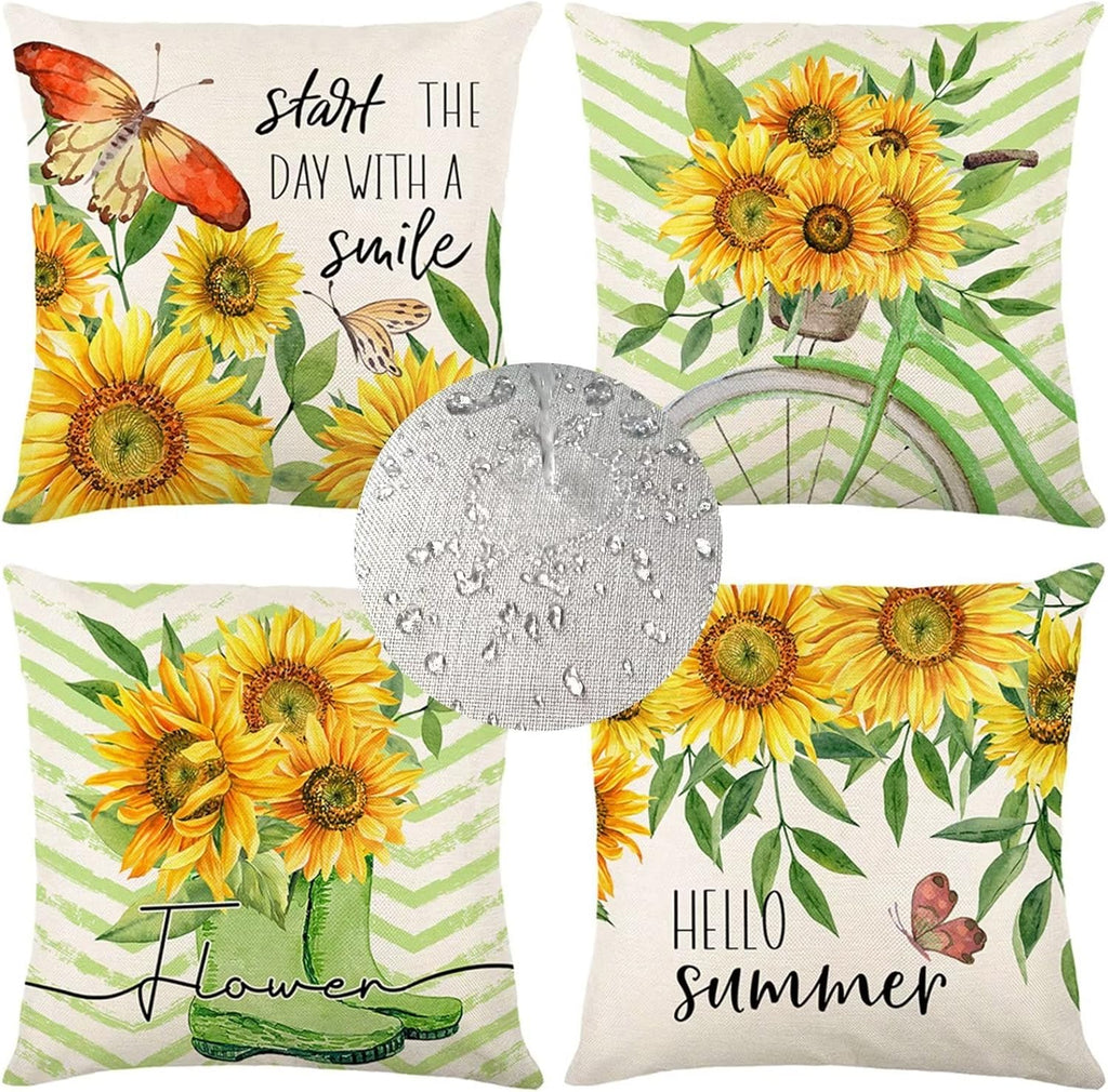 Pack of 4 Outdoor Cushion Waterproof Sunflower Cushion Covers 45x45cm Summer Garden Cushions Double sided Yellow Modern Throw Pillow Cover for Garden Patio Bench Sofa Outside Furniture 18x18inch-4975