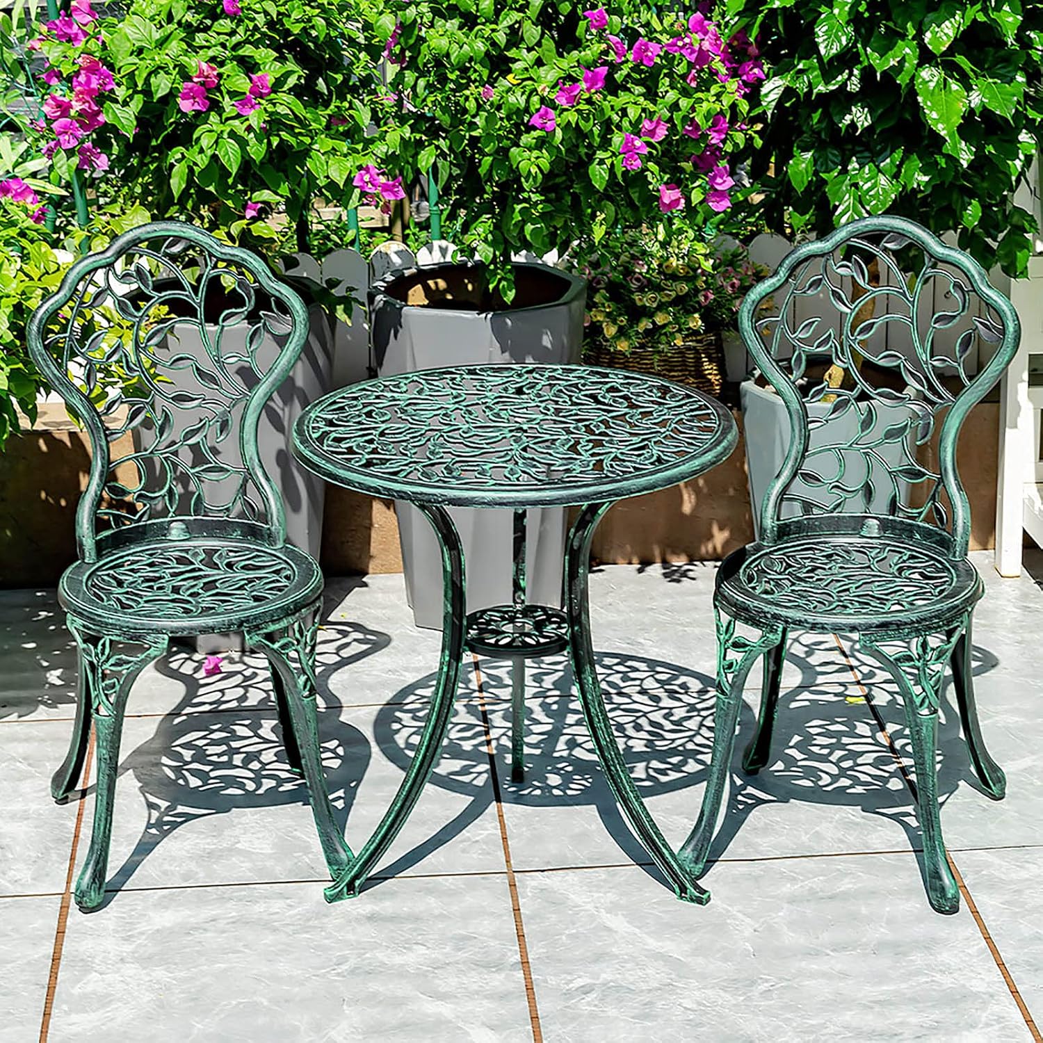 Patio Bistro Set with Leaf Design - 3 Piece Outdoor Rust-Resistant Cast Aluminum Table and Chairs - Patio Furniture Sets for Balcony Backyard Garden