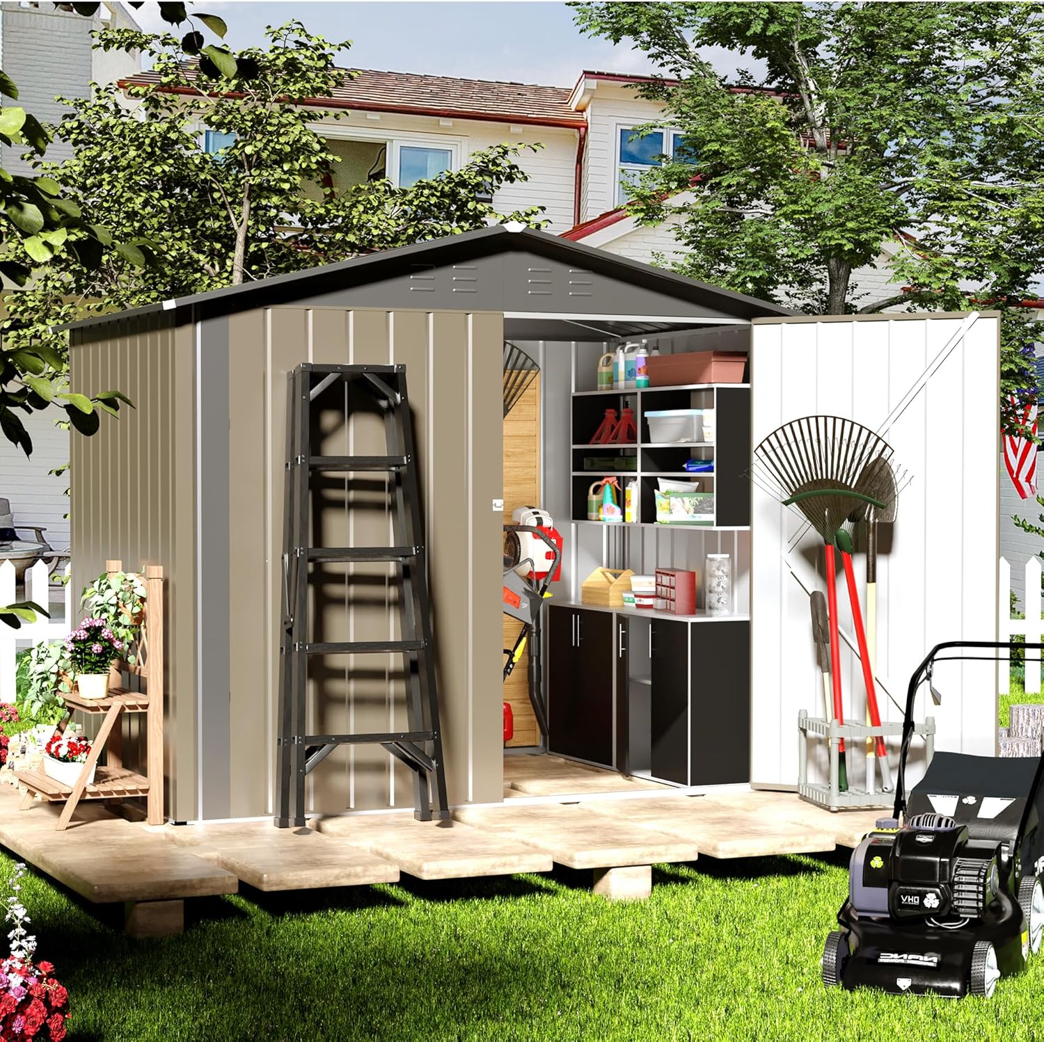Outdoor Storage Shed, 6' × 4' FT Metal Storage Shed with Updated Frame Structure and Lockable Doors, Waterproof Shed for Backyard, Patio, Garden, Brown