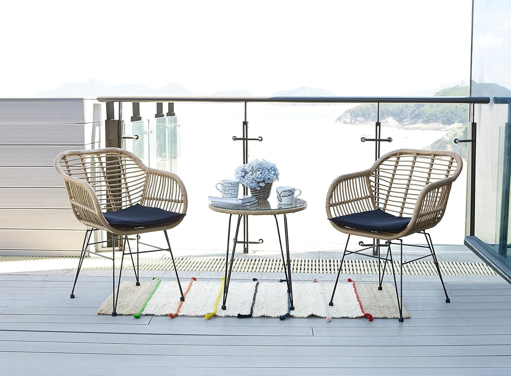 Lima 3-Piece Natural PE Rattan Outdoor Set with 2 Single Chairs with Cushions and Side Table with Glass Top, Jet Black Removable Cushions Cover