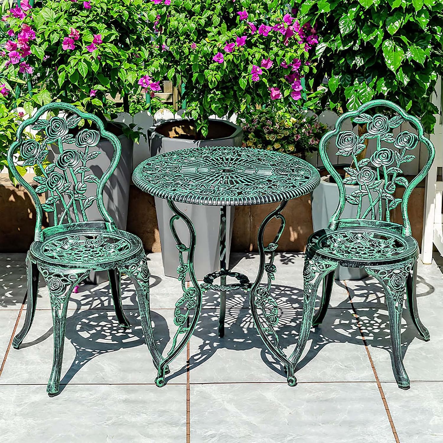 3-Piece Outdoor Bistro Set with Rose Carving Design - Rust-Resistant Cast Aluminum Patio Table and Chairs Furniture Sets with Umbrella Hole - Antique Finish